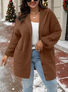 SHEIN LUNE Plus Size Women Solid Color Drop Shoulder Long Sleeve Pocket Casual Hoodie Cardigan, Autumn/Winter - Coffee Brown - View 1