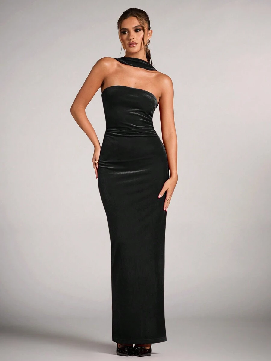 SHEIN BAE 华丽优雅天鹅绒派对宴会聚会红色抹胸露背长红裙，红色连衣裙圣诞女装，优雅礼服婚礼，万圣节女装，希腊女神礼服，节日礼服，圣诞派对礼服 - 黑色 - 查看 1