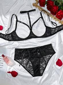2 件大码蕾丝钢圈性感内衣 - 黑色 - 查看 7
