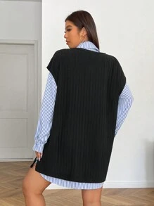 SHEIN EZwear 加大码 V 领纯色背心和条纹衬衫裙两件套，适合秋季、羊毛、冬季女士休闲日常穿着 - 彩色 - 查看 5