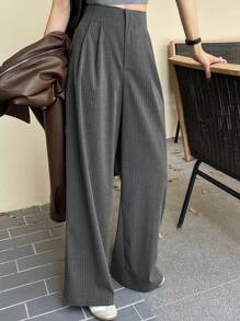 DAZY 女式条纹阔腿裤，带褶饰和松紧腰口袋，女式秋季正装裤 - 灰色 - 查看 5