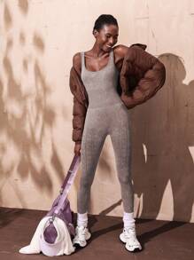 VARSIVA Simple Wide Strap Solid Color Casual Jumpsuit - Khaki - View 4