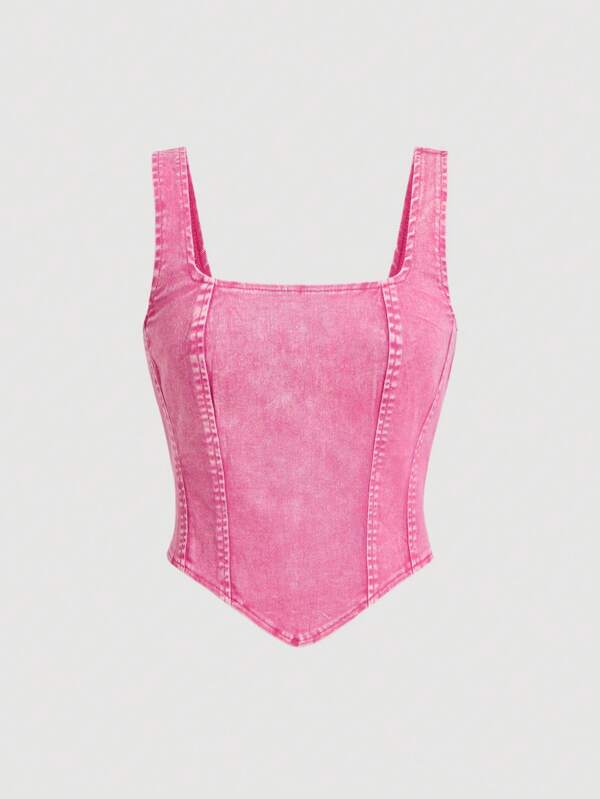 SHEIN MOD Top denim casual fără mâneci, cu gât pătrat, tiv asimetric
