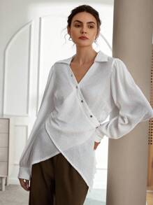 Chiquease 别致不对称下摆开衩裹腰修身 V 领独特纹理面料长袖衬衫优雅商务休闲女士 - 白色 - 查看 6