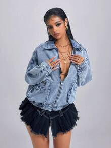 Jeanoix 女士前拉链做旧宽松牛仔夹克