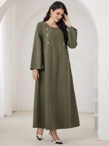 Al Najma 女式秋季休闲优雅宽松纽扣装饰喇叭袖连衣裙，朴素长袖休闲束腰阿拉伯连衣裙，适合日常休闲 - 綠色 - 查看 5