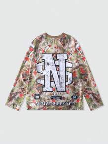 ROMWE MEN Street Life 男士树枝迷彩干木迷彩长袖平纹运动 T 恤，街头服饰 - 橘色 - 查看 2