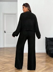SHEIN EZwear Áo len cardigan dài tay một hàng khuy màu trơn cỡ lớn cho nữ và quần dài dệt kim thường ngày, Thu/Đông - màu đen - Xem 4