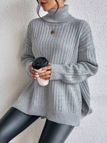 SHEIN Unity 女士纯色高领落肩长袖宽松休闲套头毛衣，秋冬针织套头衫 - 灰色 - 查看 5