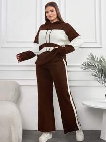 EURMUSE Plus Size Two Tone Drop Shoulder Drawstring Hooded Sweater & Split Hem Knit Pants, For Winter - Multicolor - View 4