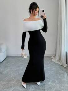 Elenzga 1pc Women Off-The-Shoulder Long Bodycon Colorblock Fish Tail Sweater Dress Fall Cloth For Women