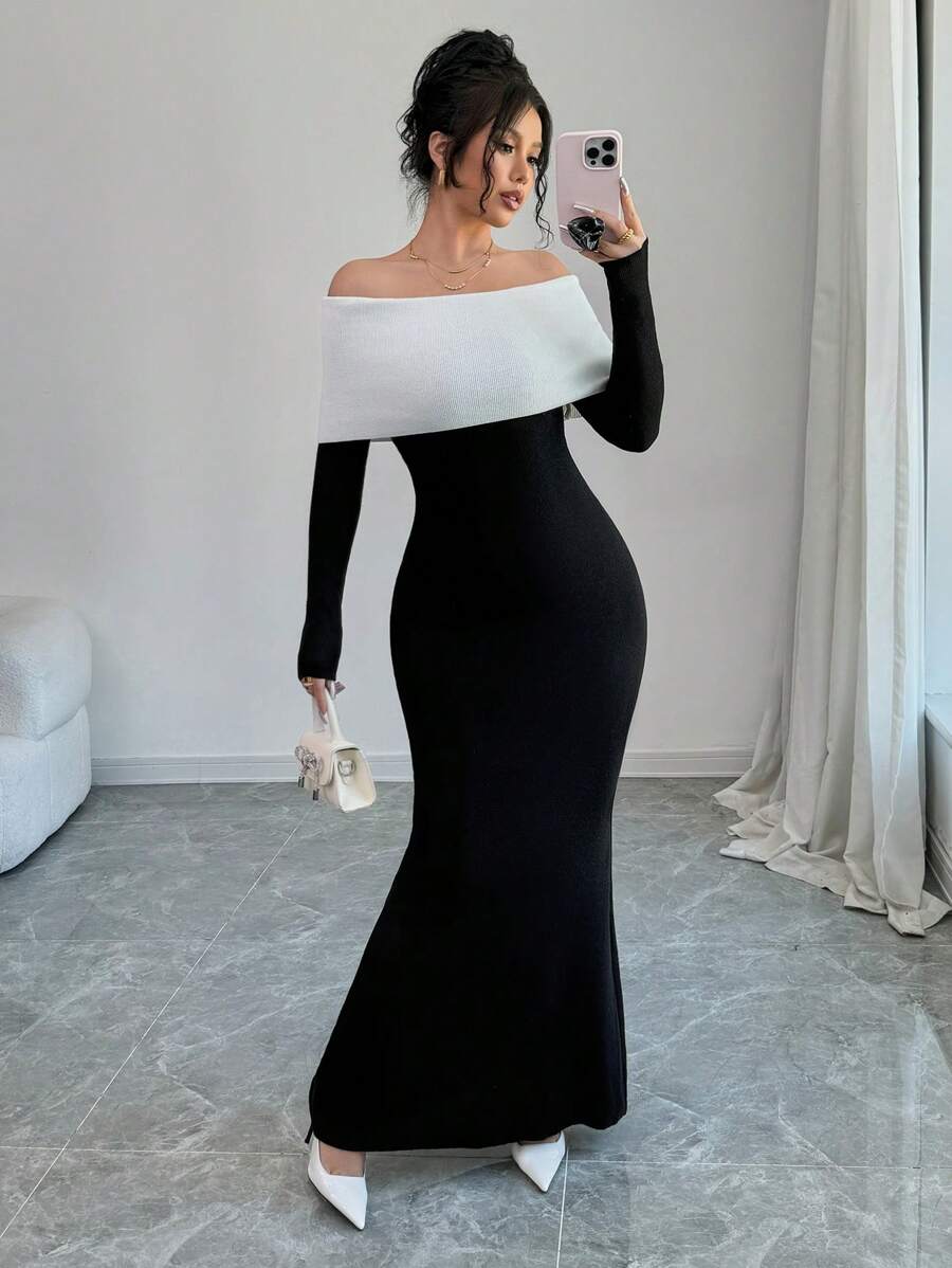 Elenzga 1pc Women Off-The-Shoulder Long Bodycon Colorblock Fish Tail Sweater Dress Fall Cloth For Women