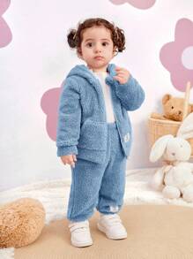 SHEIN 2pcs Baby Girl Cute Solid Color Fluffy Hooded Jacket And Pants Set, Autumn/Winter - Blue - View 3