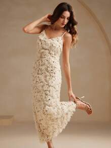 Anewsta 优质羽毛装饰吊带裙，修身亮片缀饰女士连衣裙长款女装