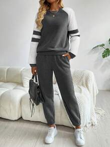 SHEIN LUNE Bộ 2 món áo nỉ và quần cơ bản phối màu thường ngày cho nữ, Bộ 2 món thu đông cho nữ Bộ đồ hai mảnh cho nữ - Nhiều màu - Xem 6