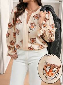 Calvaya Plus Size Women Tiger Head Graphic V-Neck Long Sleeve Decor Casual Blouse, Autumn