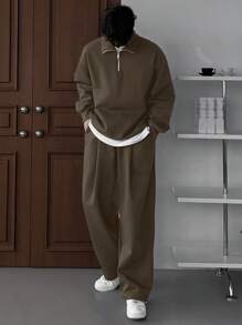 DAZY Men's Solid Color Zip-Up Long Sleeve Top & Pants Set, Minimalist Outfit For Autumn - Rust Brown - View 5