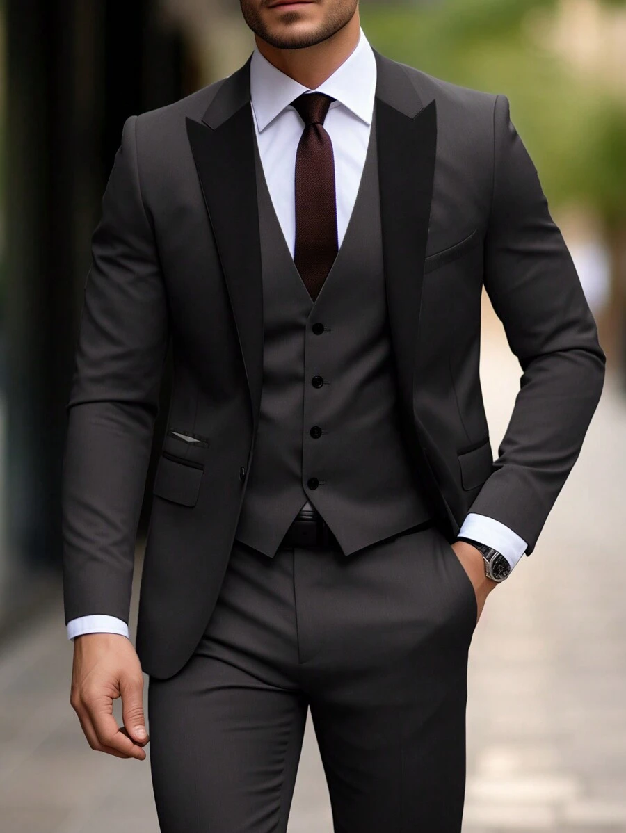 Calvornis Conjunto de traje de manga larga de unicolor y estilo sencillo para hombre - Gris Oscuro - Ver 1