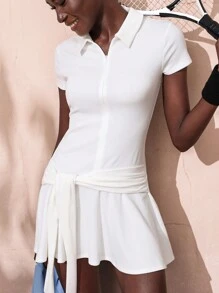 Menodora SHEIN Sport Polo Collar Zippered Shed Skirt Gathered Waistband Mini Women Active Dresses - White - View 5