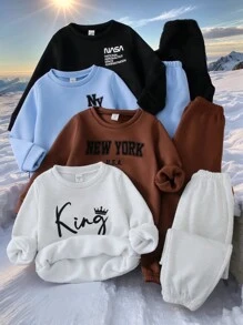 SHEIN Leap Crew 小男孩字母图案圆领长袖上衣和裤子两件套，简约设计 - 黑色 - 查看 2