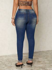 SHEIN SXY Women's Zip Design Ripped Skinny Fit Casual Versatile Jeans - Blue - View 2