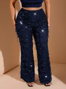 SHEIN BAE Pantalones acampanados de mujer talla grande de color negro sólido con cuentas y flecos elegantes para fiestas y Halloween, atuendos para graduación, regreso a la escuela y maestras - Azul Marino - Ver 3