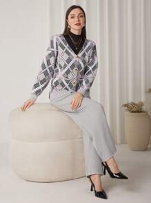 Modelyn 2 件套女士休闲格子开衫毛衣和长裤套装 2 件套 - 灰色 - 查看 3