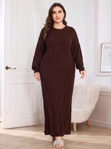 Mulvari Plus Size Crew Neck Twist Rope Detail Long Sweater Dress, For Winter - Coffee Brown - View 1