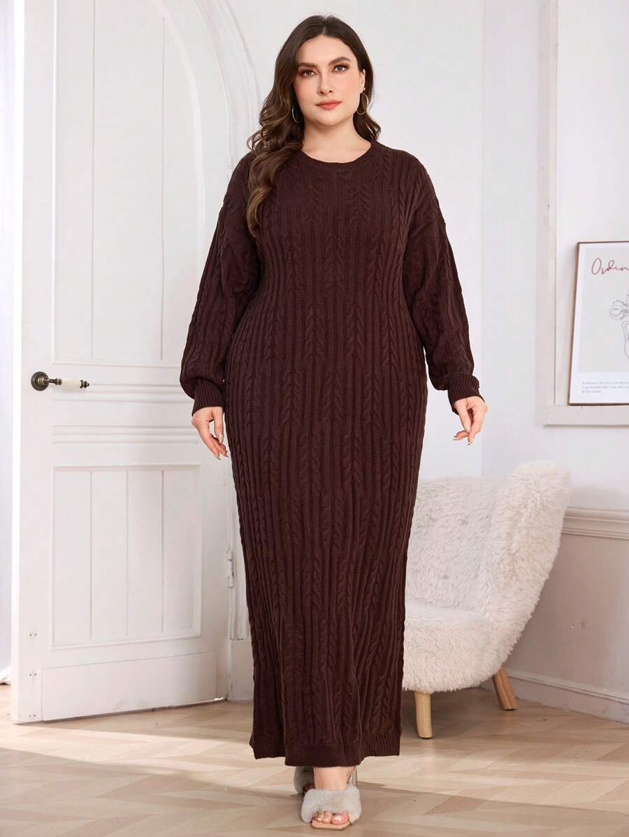 Mulvari Plus Size Crew Neck Twist Rope Detail Long Sweater Dress, For Winter - Coffee Brown - View 1