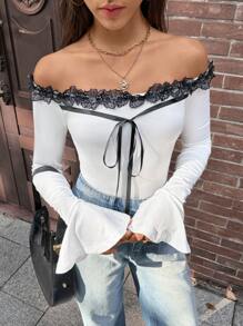 Chiquease Blusa de mujer con hombros descubiertos, lazo y mangas acampanadas - Blanco - Ver 5