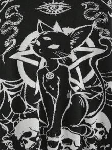 ROMWE Goth Goth Style Black Cat, Skeleton, Moon & Snake Intarsia Loose Fit Sweater, Plus Size, For Winter