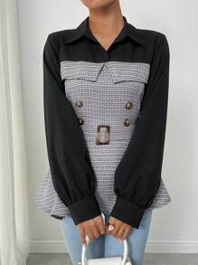 Calvaya Women's Casual Splice Shirt Collar Button-Up Cinched Waist Waist Long Sleeve Shirt, Elegant For Office Work And Daily Wear