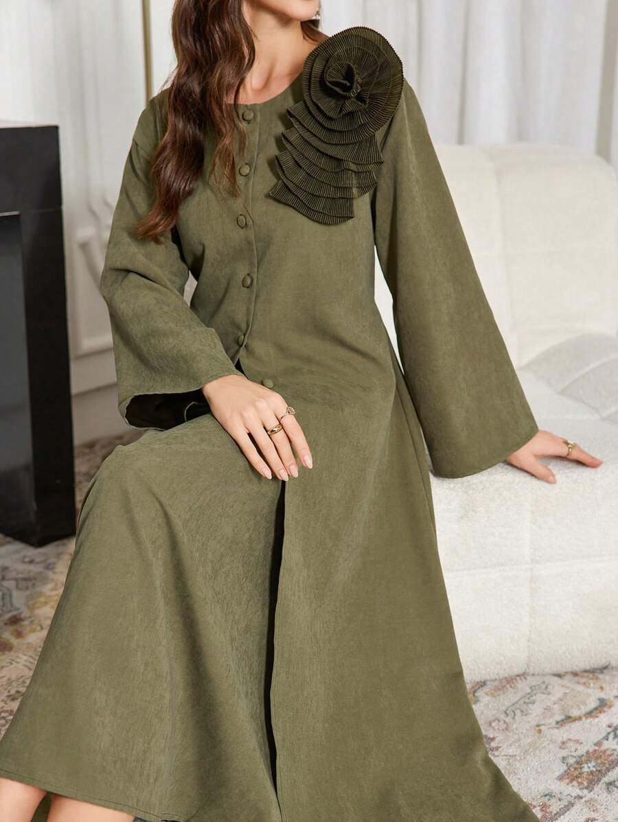 Modelyn 1 Set Women Solid Color Crew Neck Floral Long Jacket & Casual Skirt Suit - Green - View 1