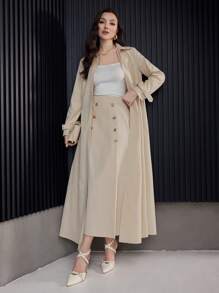 Modelyn 女士休闲纯色长袖风衣夹克和双排扣 A 字裙 2 件套，优雅 2 件套 - 卡其色 - 查看 6