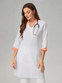 TaskEZ Plain Color Block Long Sleeve Button Simple Casual Nurse Dress Set Scrub Set Nurse Dresses Scrub Tops Scrub Bottoms Lab Coats Scrub Outwear - White - View 7