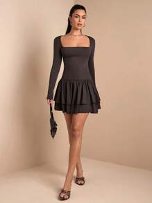 SHEIN BAE Women's Casual Simple Versatile Ruffle Hem Fitted Mini Dress, Autumn/Winter - Brown - View 1