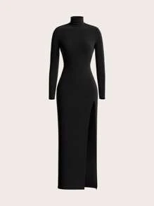 SHEIN ICON 1pc Solid Color Turtleneck Slim Fit Elegant Long Sleeve Dress - Black - View 1