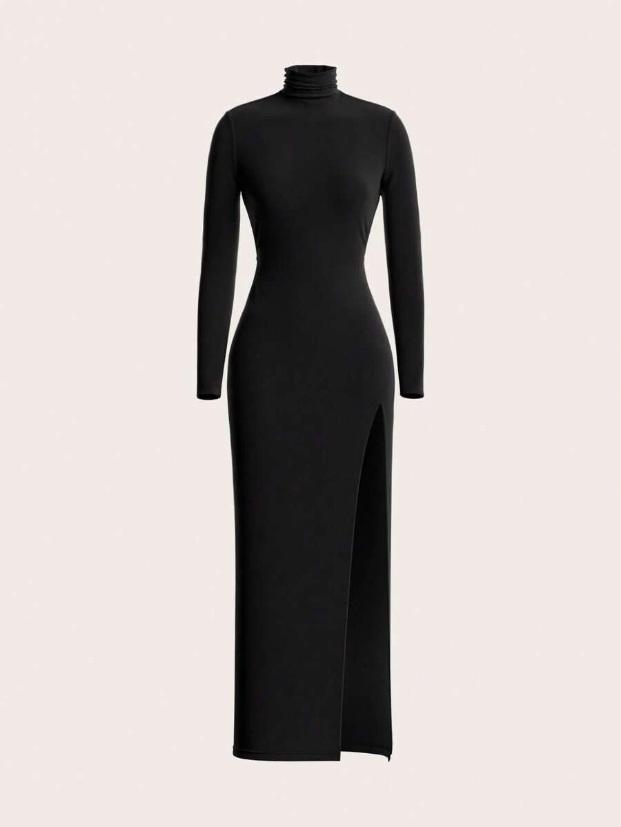 SHEIN ICON 1pc Solid Color Turtleneck Slim Fit Elegant Long Sleeve Dress - Black - View 1