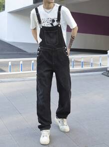 Manfinity Homme Men's Wide Strap Button Pocket Simple Casual Denim Bib Overalls