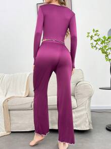 SHEIN Bộ đồ ngủ dài tay cổ khoét lỗ hở bèo nhún cho nữ kèm quần dài thoải mái, trang phục thu đông - Màu tím - Xem 2