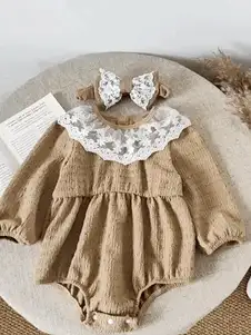 2 pièces Ensemble body bébé fille 0-2 ans vintage, doux, décontracté et élégant en tissu tricoté texturé et peau-friendly avec col à bordure en dentelle, coupe ample couleur kaki et bandeau serre-tête avec nœud en dentelle - Kaki - Voir 9