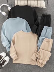 SHEIN Leap Crew 6 件套青少年男孩休闲宽松舒适百搭图案印花圆领运动衫和慢跑裤套装，适合秋冬季，非常适合外出 - 霧霾藍 - 查看 2