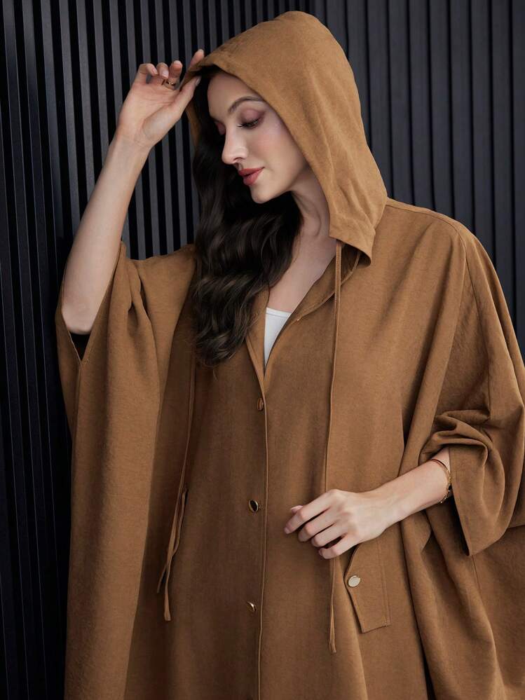 Mulvari 连肩袖连帽开衩下摆大衣，秋冬季常规外套 - 咖啡棕 - 查看 8