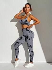 Slayoga Conjunto esportivo sem costura de alta elasticidade com tie-dye (estampa aleatória) Conjunto de treino feminino Conjunto de leggings feminino