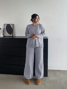 Flirla Plus Size Soft, Slimming & Versatile Casual Wide-Leg Pants And Long Sleeve Knit Set, For Winter - Grey - View 3