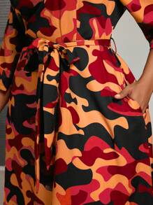 Maweii Plus Size Women Camouflage Lacing Waist Pocket 3/4 Sleeve Midi Dress Maxi Women Outfit