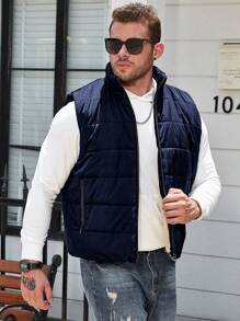 Manfinity Homme Plus Size Men's Solid Color Zip Front Casual Vest Padded Coat, Winter