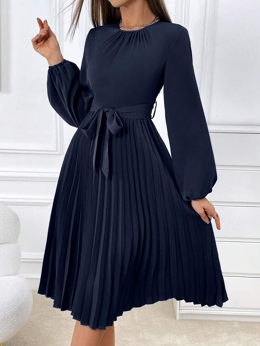 SHEIN Privé 女士纯色圆领灯笼袖褶边优雅中长连衣裙,秋季 - 藏蓝色 - 查看 1