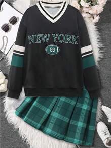 SHEIN Tween 女童两件套，美国学院风 V 领长袖字母印花运动衫和格子百褶裙，非常适合上学和户外穿着 - 彩色 - 查看 1