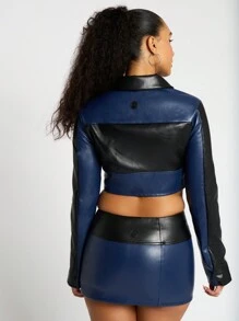 SUMWON WOMEN Faux Leather Cropped Racing Biker Zip Front Winter Streetwear Moto Club Sports Activity Performance Outerwear Warm Fashion Varsity Letterman Jacket